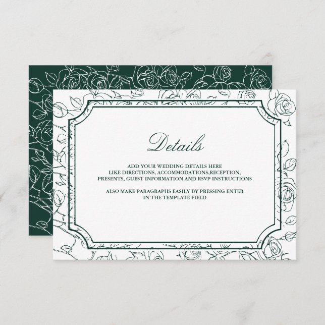 Tarjeta De Recepción Victorian Emerald Green Line Art Wedding Details (Anverso / Reverso)
