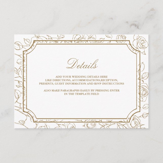 Tarjeta De Recepción Victorian Gold Floral Line Art Wedding Details (Anverso)