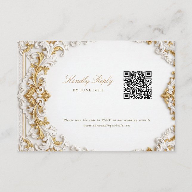 Tarjeta De Recepción Victorian Gold & White Baroque RSVP with QR Code (Anverso)
