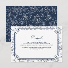 Tarjeta De Recepción Victorian Navy Blue Line Art Wedding Details