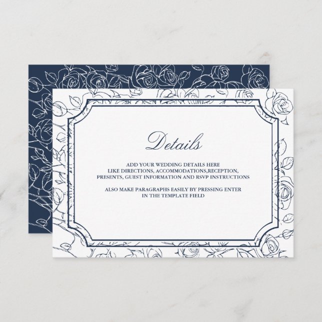 Tarjeta De Recepción Victorian Navy Blue Line Art Wedding Details (Anverso / Reverso)