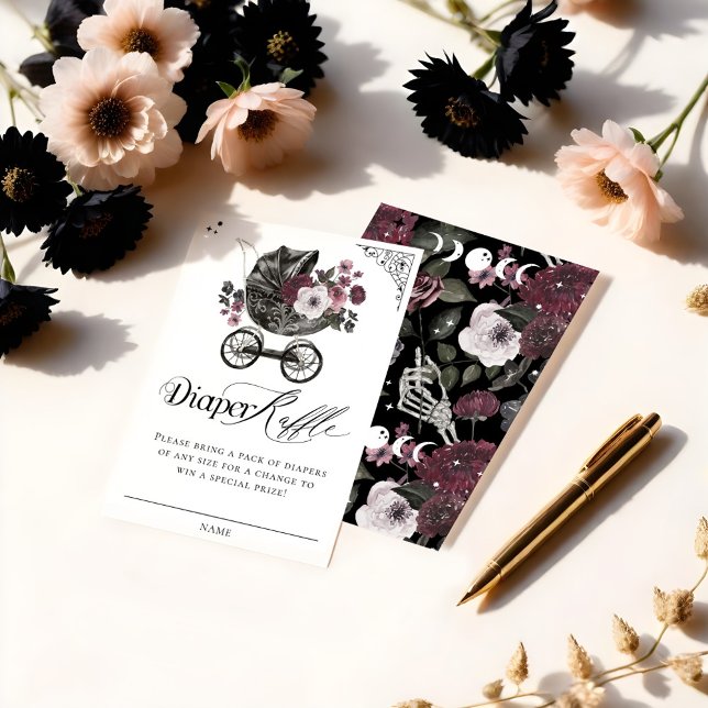 Tarjeta De Recepción Viejo Gótico Floral Baby Stroller Diaper Raffle (Vintage Gothic Floral Baby Stroller Diaper Raffle Enclosure Card (Front & Back))