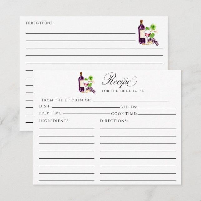 Tarjeta De Recepción Vino Before Vows Recipe Card Bridal Shower Insert (Anverso / Reverso)