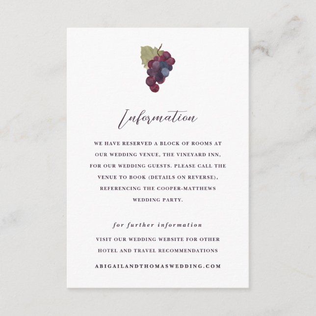 Tarjeta De Recepción Vino de uva Información Hotel Vineyard Boda (Anverso)