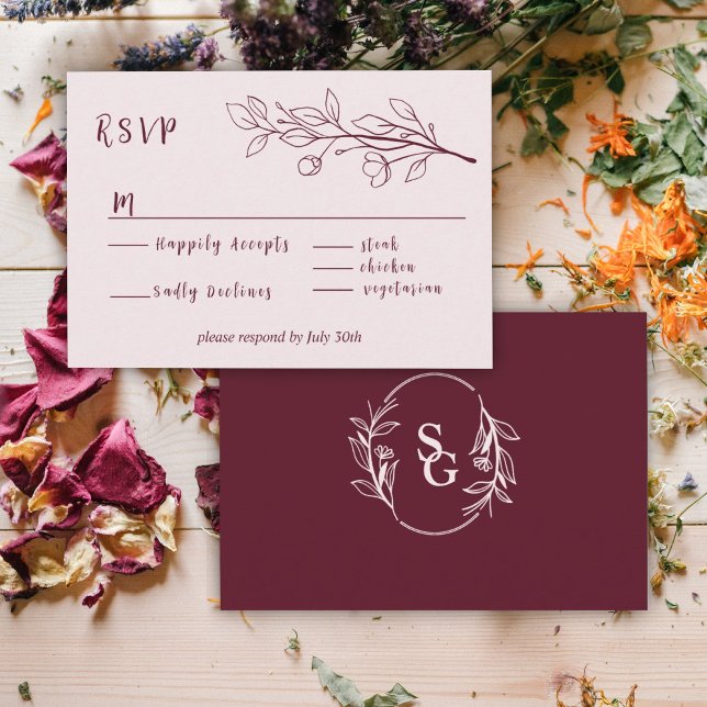Tarjeta De Recepción Vino Rojo Simple Boho Floral RSVP (Subido por el creador)