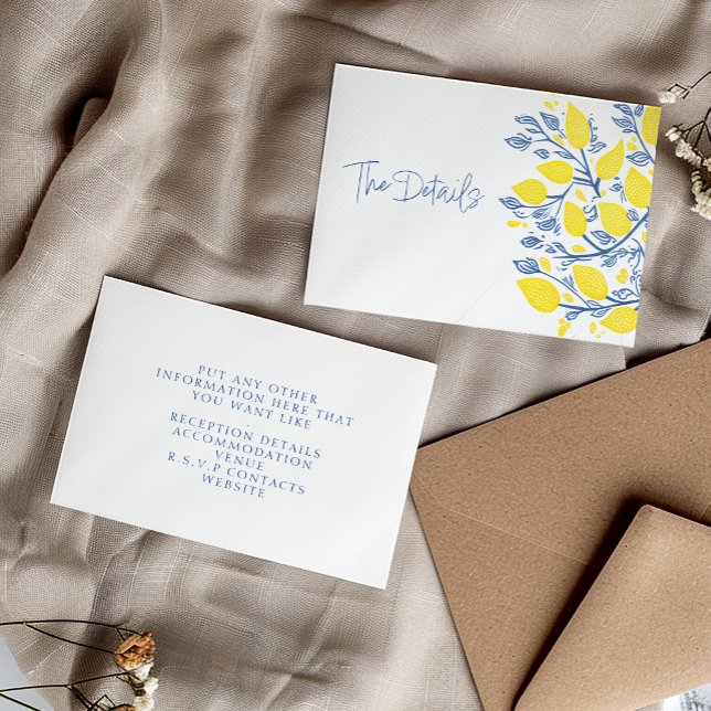 Tarjeta De Recepción Vinos de limón azul y amarillo para los detalles (Refreshing Blue and Yellow Lemon Vines "The Details" Wedding Enclosure Card.)