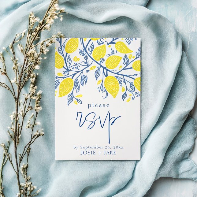Tarjeta De Recepción Vinos de limón azul y amarillo rsvp (Bright Blue and Yellow Lemon Vines wedding RSVP Enclosure Card. )