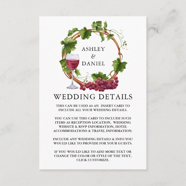 Tarjeta De Recepción Vinos de uva acuarela Detalles del Boda Wreath Wre (Anverso)