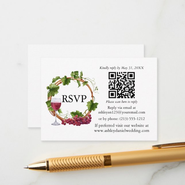 Tarjeta De Recepción Vinos de uva acuarela Wreath Wedding RSVP QR (Anverso/Reverso In Situ)