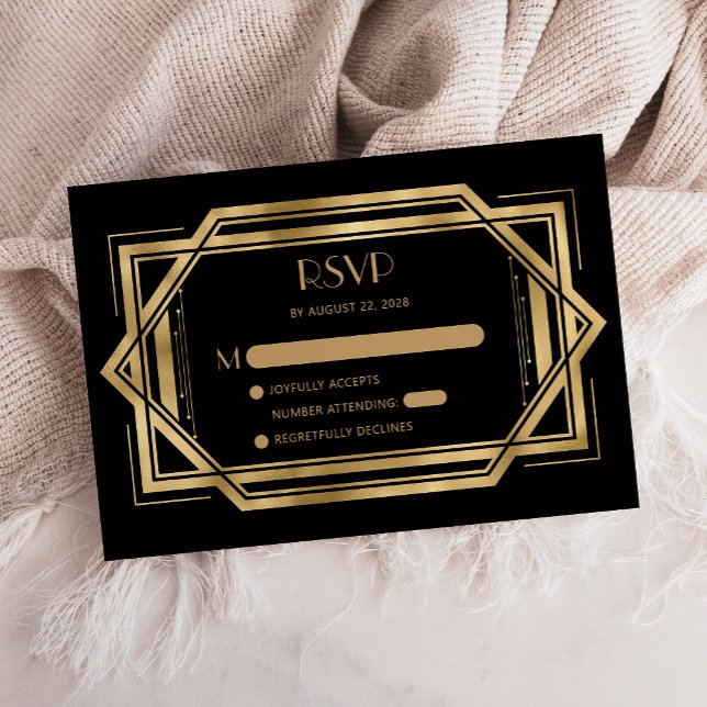 Tarjeta De Recepción Vintage Black Gold Wedding RSVP (Subido por el creador)