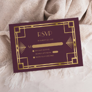 Tarjeta De Recepción Vintage Burgundy Gold Wedding RSVP de los años 20