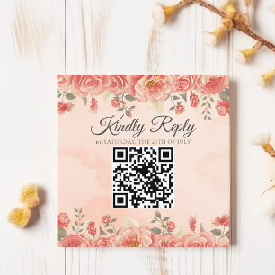Tarjeta De Recepción Vintage Coral Rosas QR Código Boda Presupuestaria 