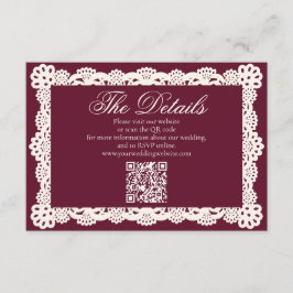 Tarjeta De Recepción Vintage Elegant Burgundy Lace Wedding Website QR