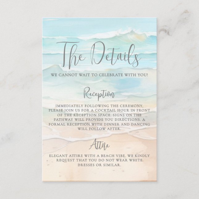 Tarjeta De Recepción Watercolor Beach Wedding Details (Anverso)