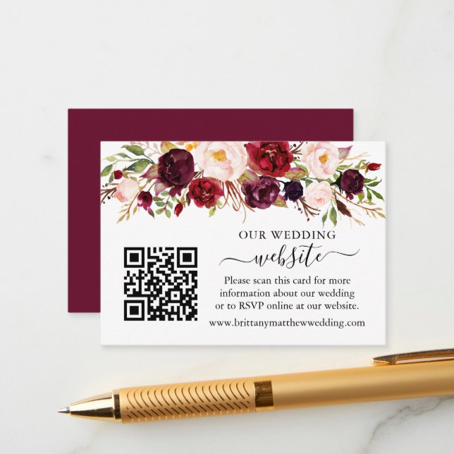Tarjeta De Recepción Watercolor Burgundy Boda sitio web QR (Anverso/Reverso In Situ)