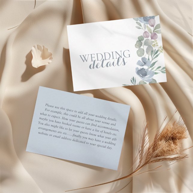 Tarjeta De Recepción Watercolor Dusty Blue Floral Wedding Details  (Subido por el creador)