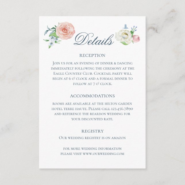 Tarjeta De Recepción Watercolor Floral Hummingbird Wedding Details (Anverso)