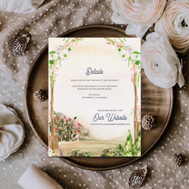 Tarjeta De Recepción Watercolor Garden Arch Romantic Wedding Details (Watercolor Garden Arch Wedding Details Enclosure Card Romantic Botanical Information Card)