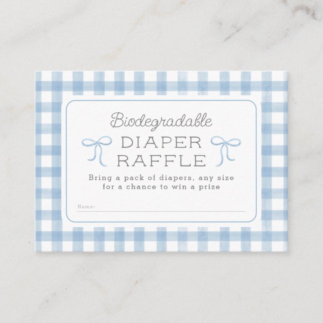 Tarjeta De Recepción Watercolor Gingham Baby Blue Diaper Raffle (Anverso)