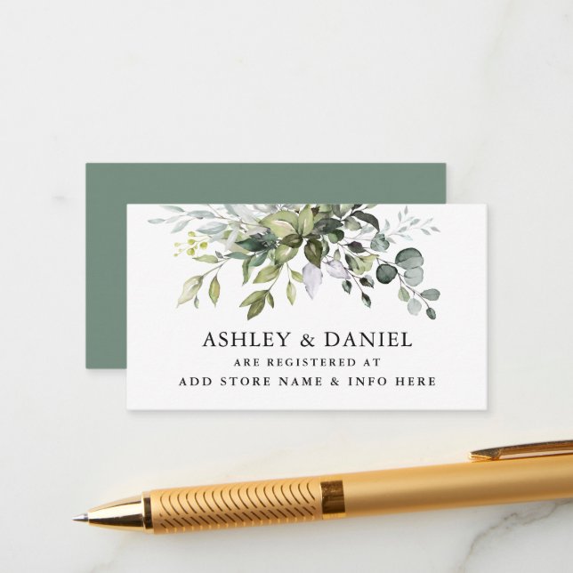 Tarjeta De Recepción Watercolor Greenery Boda Sage Green Registry (Anverso/Reverso In Situ)