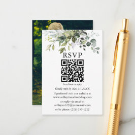 Tarjeta De Recepción Watercolor Greenery Photo QR Wedding RSVP