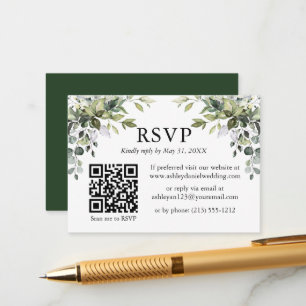 Tarjeta De Recepción Watercolor Greenery Wedding RSVP QR Green