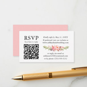 Tarjeta De Recepción Watercolor Pink Rubor Floral Wedding RSVP QR