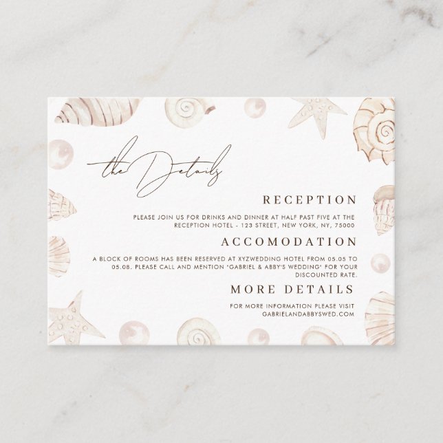 Tarjeta De Recepción Watercolor Seashells Nautical Wedding Details (Anverso)