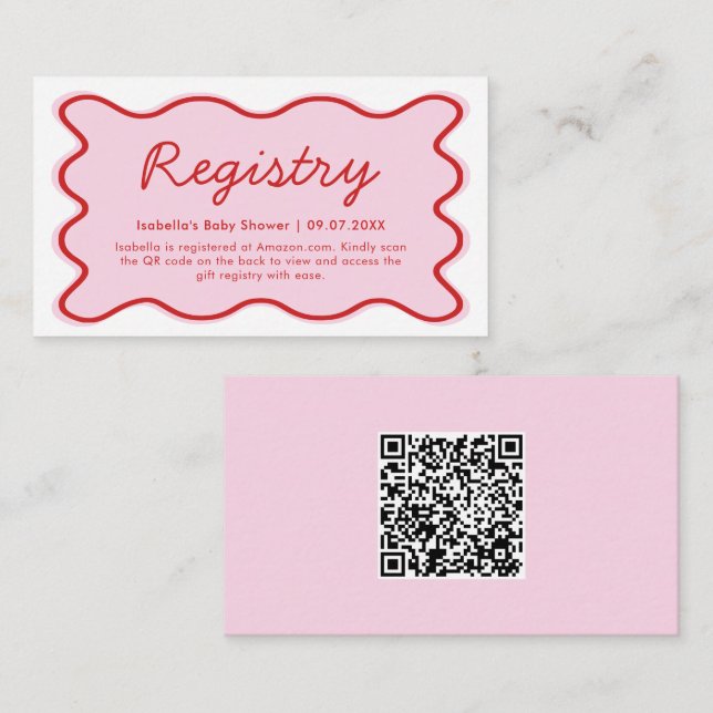 Tarjeta De Recepción Wavy Curvy Red Red Registro Baby Shower Código QR (Anverso / Reverso)