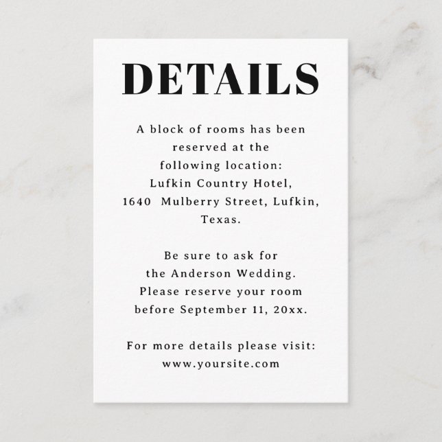 Tarjeta De Recepción Wedding Accommodation. Hotel Details & Information (Anverso)