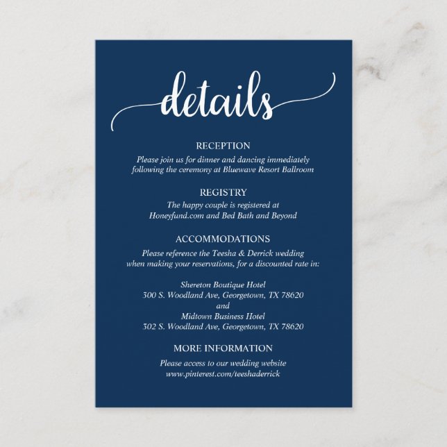Tarjeta De Recepción Wedding Details, Rustic Navy Blue Script (Anverso)