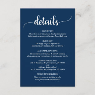 Tarjeta De Recepción Wedding Details, Rustic Navy Blue Script