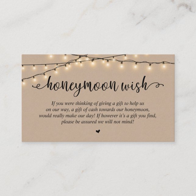 Tarjeta De Recepción Wedding Honeymoon Fund Wish, Rustic String Lights (Anverso)