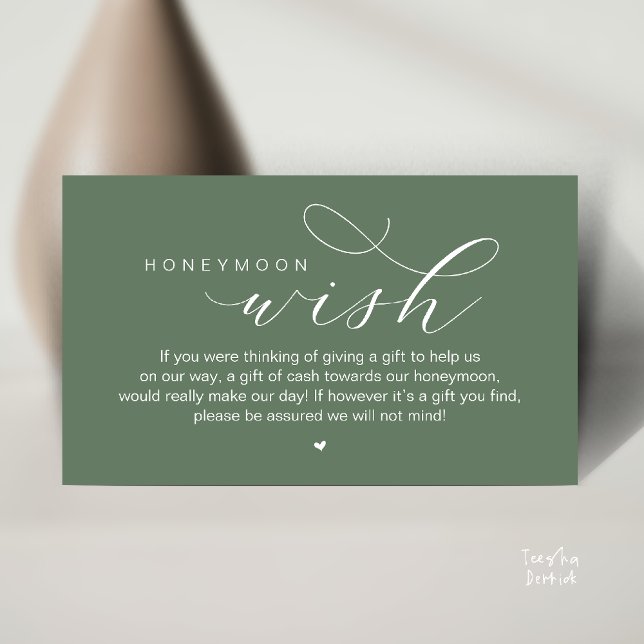 Tarjeta De Recepción Wedding Honeymoon Wish, Modern Classy  (Wedding Honeymoon Wish, Cash, Modern elegance minimal Enclosure Card cute heart in Sage Green)