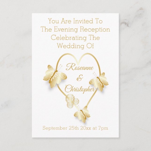 Tarjeta De Recepción Wedding Reception Gold Coloured Heart Butterfly (Anverso)