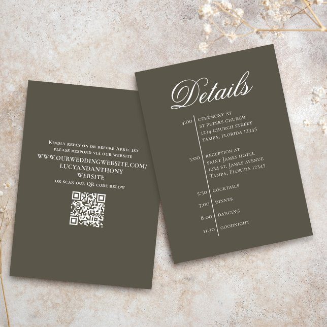 Tarjeta De Recepción Wedding Timeline Details Simple RSVP (Simple brown enclosure card with scannable QR code.)