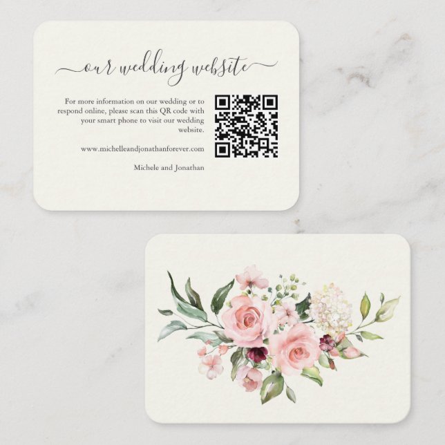Tarjeta De Recepción Wedding Website QR Code Insert Card Cream Floral  (Anverso / Reverso)