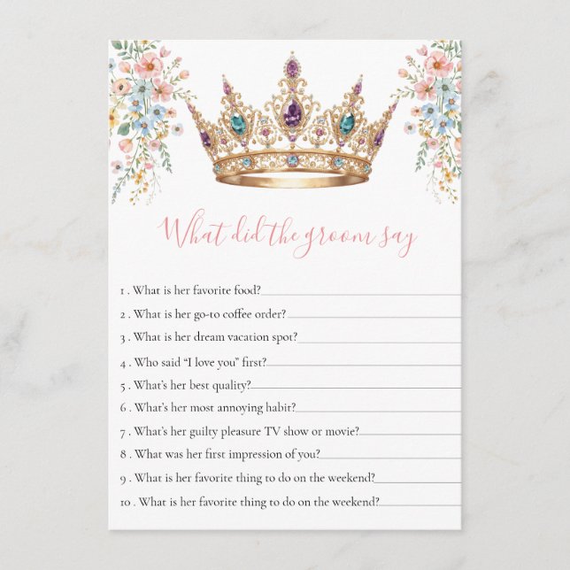 Tarjeta De Recepción What Did the Groom Say queen Bridal Shower Game (Anverso)