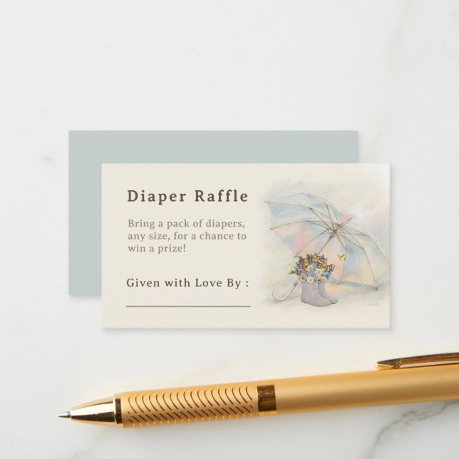 Tarjeta De Recepción Whimsical Aura Umbrella Floral Boots Diaper Raffle (Anverso/Reverso In Situ)