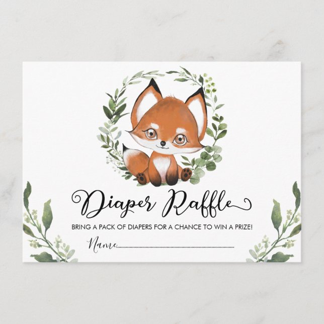 Tarjeta De Recepción Whimsical Baby Fox Greenery Wreath Diaper Raffle (Anverso)