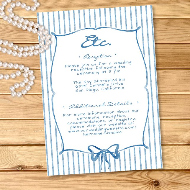 Tarjeta De Recepción Whimsical Blue Watercolor Bow Stripe Wedding (Whimsical Blue Watercolor Bow Stripe Wedding Enclosure Card)