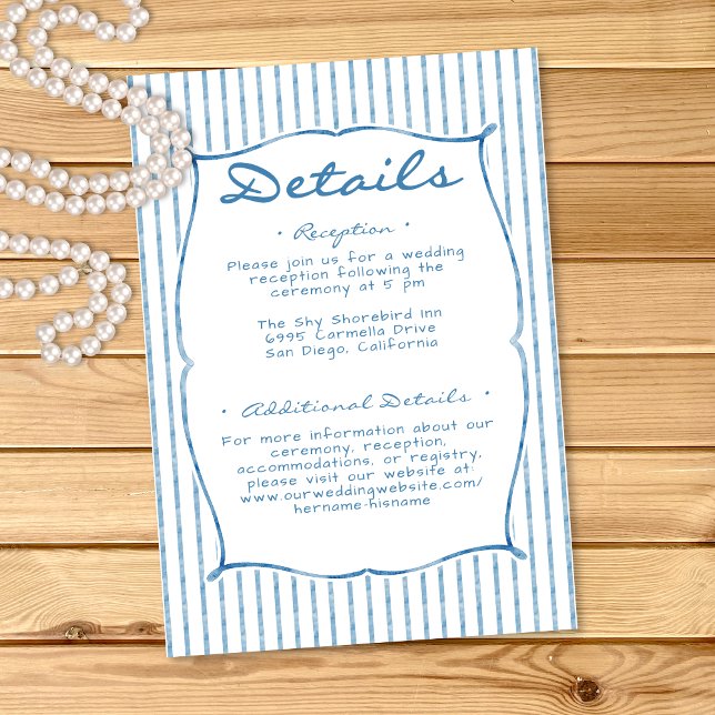 Tarjeta De Recepción Whimsical Blue Watercolor Bow Stripe Wedding (Whimsical Blue Watercolor Bow Stripe Wedding Enclosure Card)