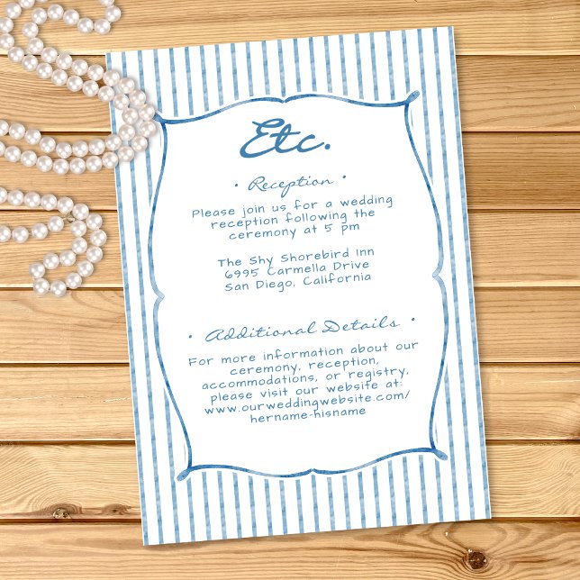Tarjeta De Recepción Whimsical Blue Watercolor Bow Stripe Wedding (Whimsical Blue Watercolor Bow Stripe Wedding Enclosure Card)