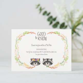 Tarjeta De Recepción Whimsical Forest Raccoons Alojamiento Rústico Boda