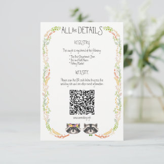 Tarjeta De Recepción Whimsical Forest Raccoons Alojamiento Rústico Boda