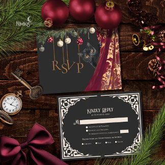 Tarjeta De Recepción Whimsical Gothic Black Cat Holiday Party RSVP Card