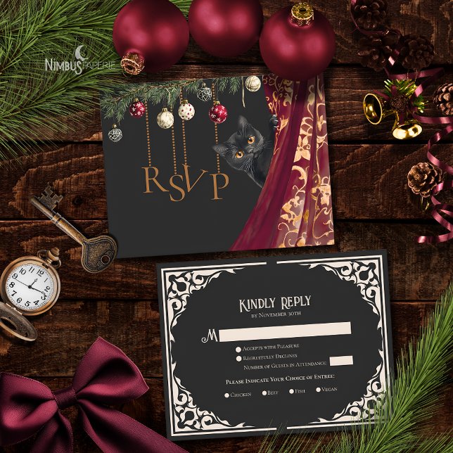 Tarjeta De Recepción Whimsical Gothic Black Cat Holiday Party RSVP Card (Subido por el creador)