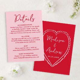Tarjeta De Recepción Whimsical Pink and Red Heart Wedding Details