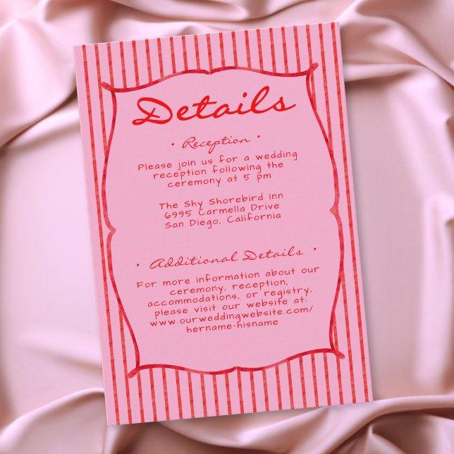Tarjeta De Recepción Whimsical Red Pink Watercolor Stripe Wedding (Whimsical Red Pink Watercolor Stripe Wedding Enclosure Card)