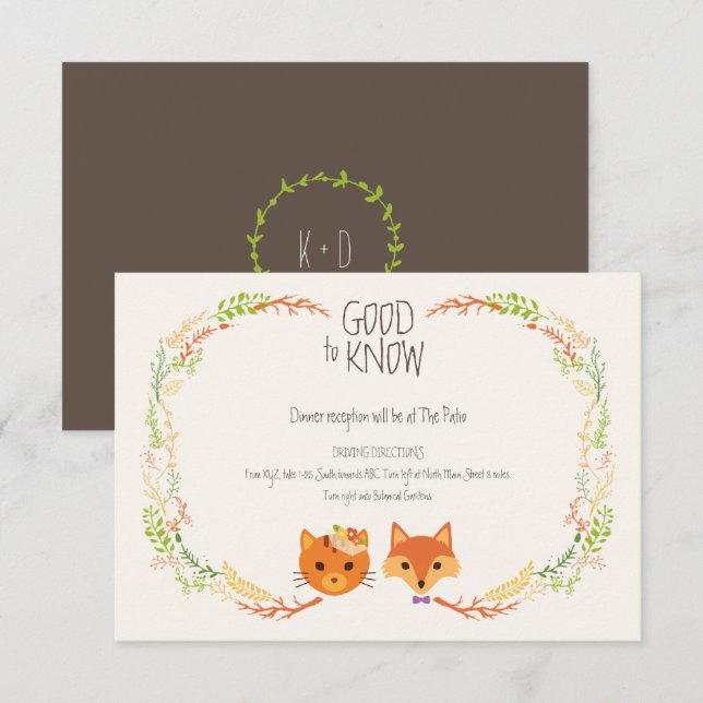 Tarjeta De Recepción Whimsical Woodland Cat & Fox Boda (Anverso / Reverso)